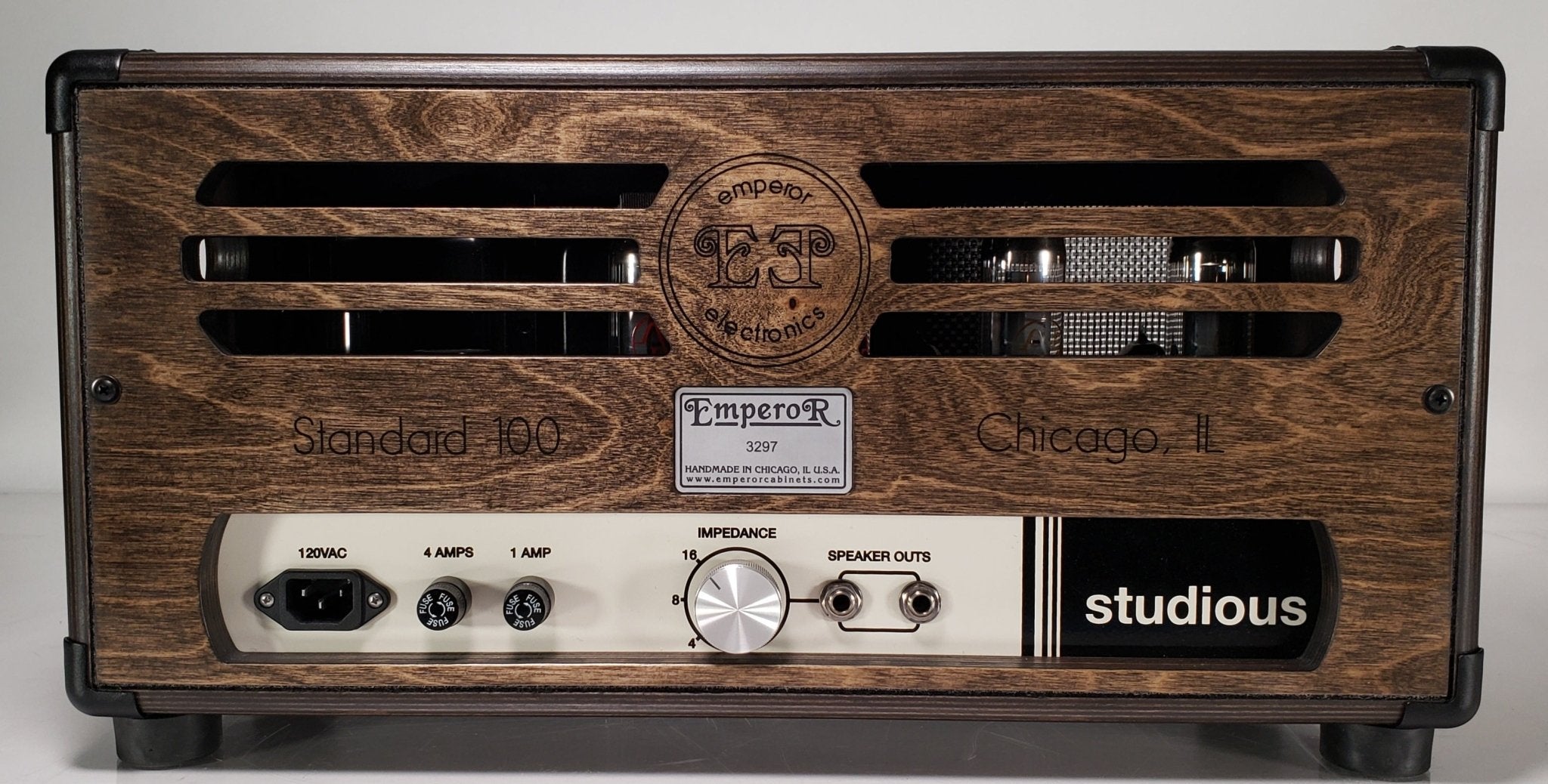 Rear view of a 100 watt guitar tube amplifier