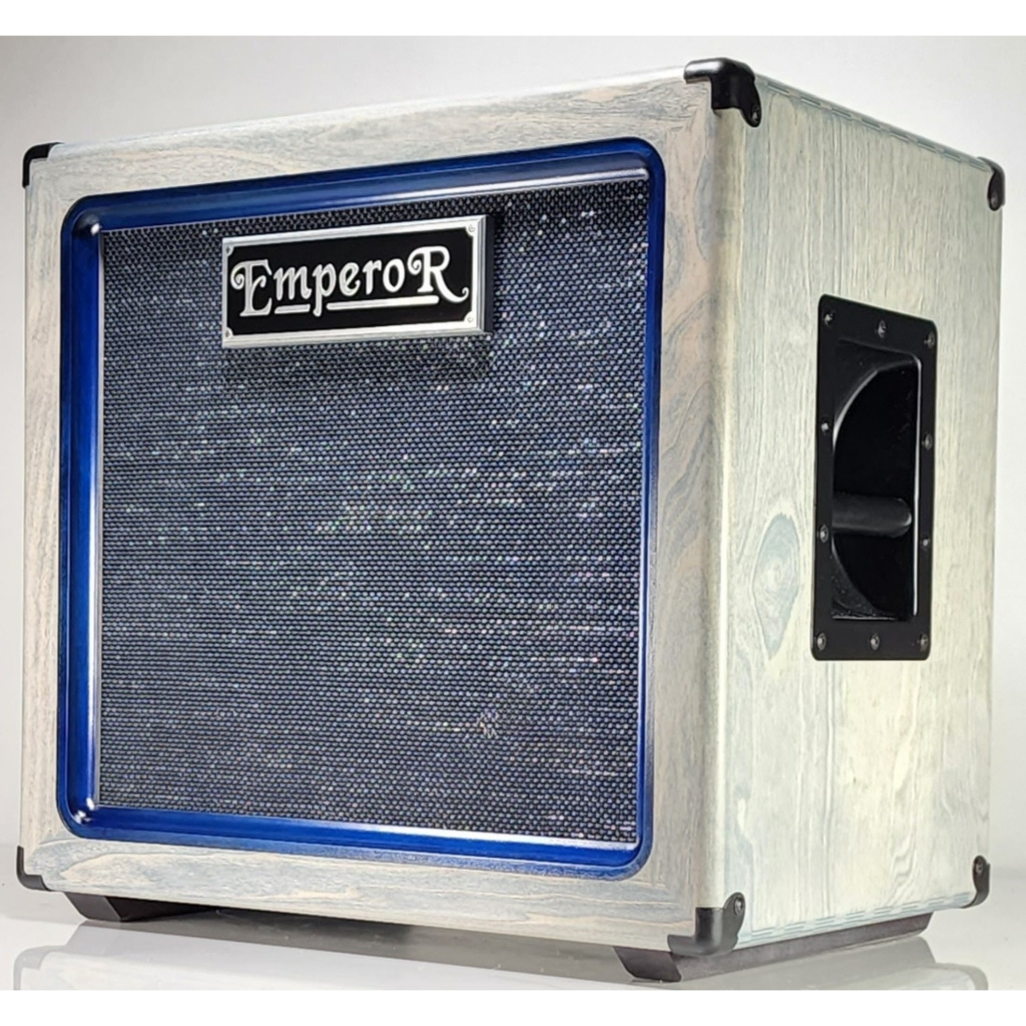 a gray and blue 1x12 guitar speaker cabinet
